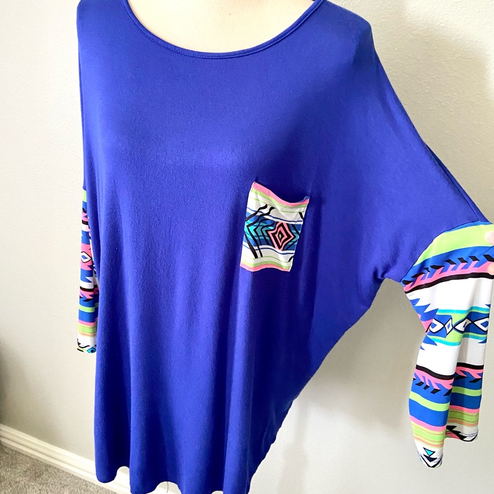 Auditions Blue Southwest Boho Hi-Lo 3/4 Sleeve Top Size Large